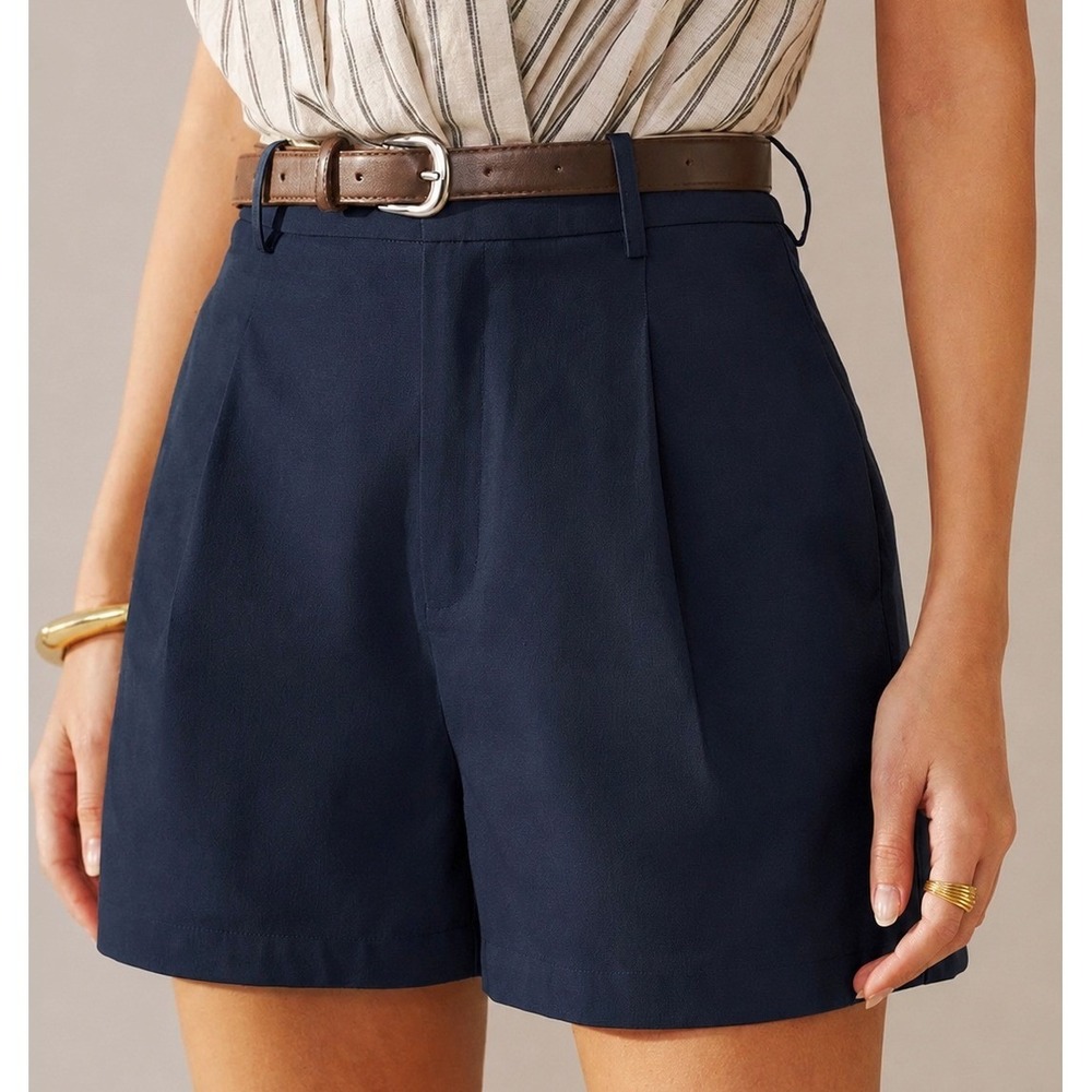 Commense Linen Blend Shorts S Small Navy Blue Pleated High Waisted High Rise New - Picture 1 of 9